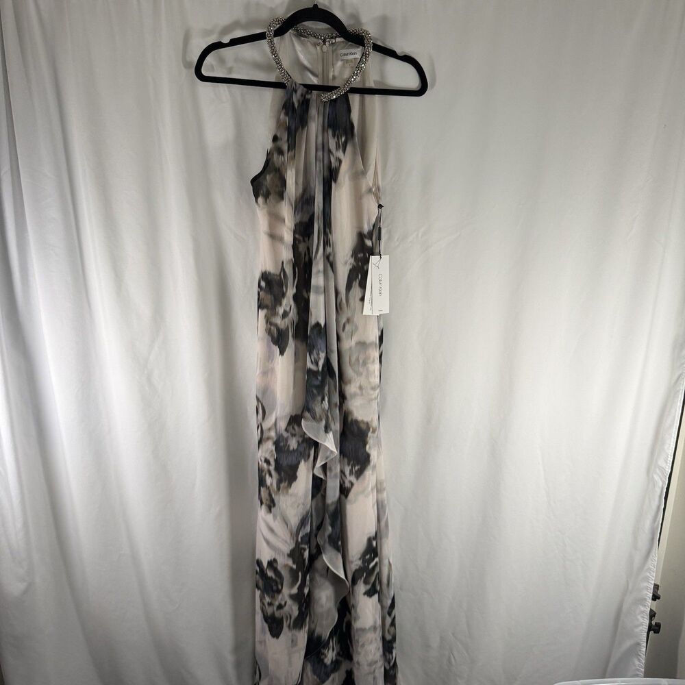 NEW Calvin Klein Maxi Dress Women's 8 High Neck Jeweled Sleeveless Side Slit